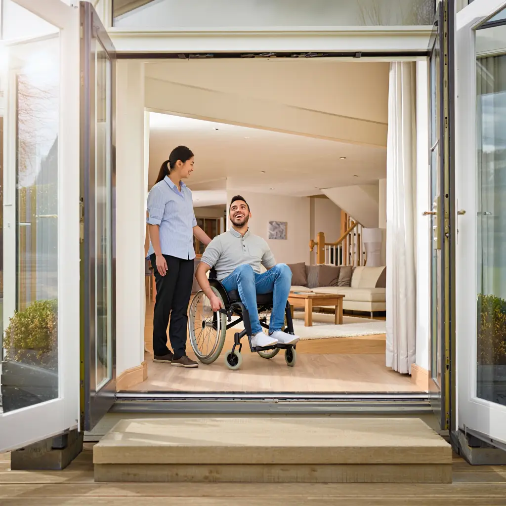 Support worker assisting a person in a wheelchair at an accessible NDIS accommodation in Perth, promoting community participation.