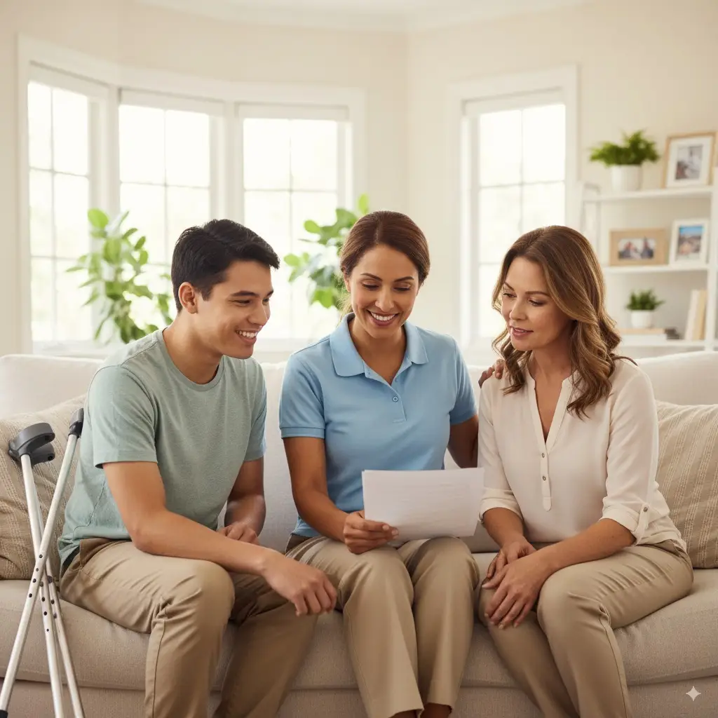 Two individuals and a support worker discussing NDIS accommodation options for supported independent living in Perth.