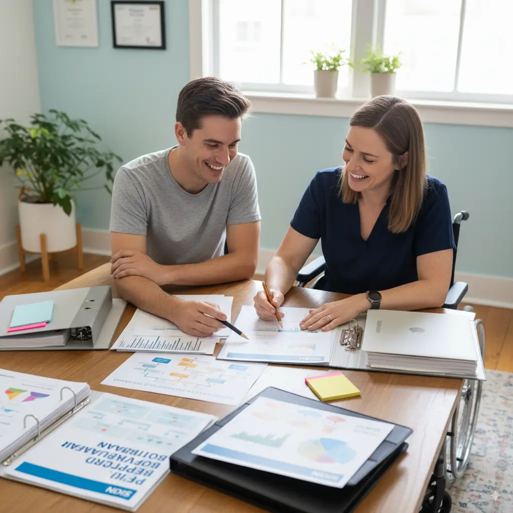 Two individuals discussing NDIS disability support services in an office, focusing on accommodation and community participation.