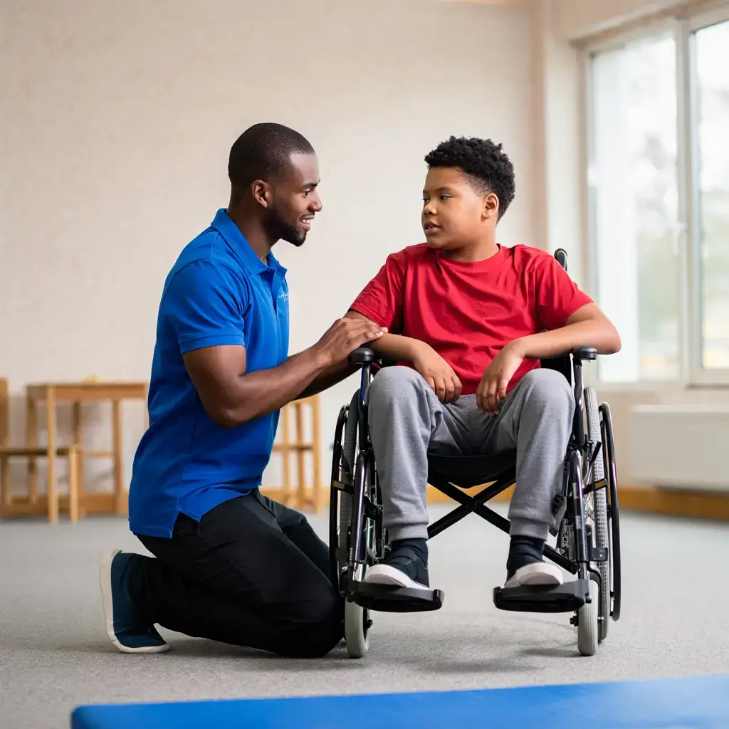 Support worker engaging with a child in a wheelchair, highlighting NDIS disability support services in Perth.
