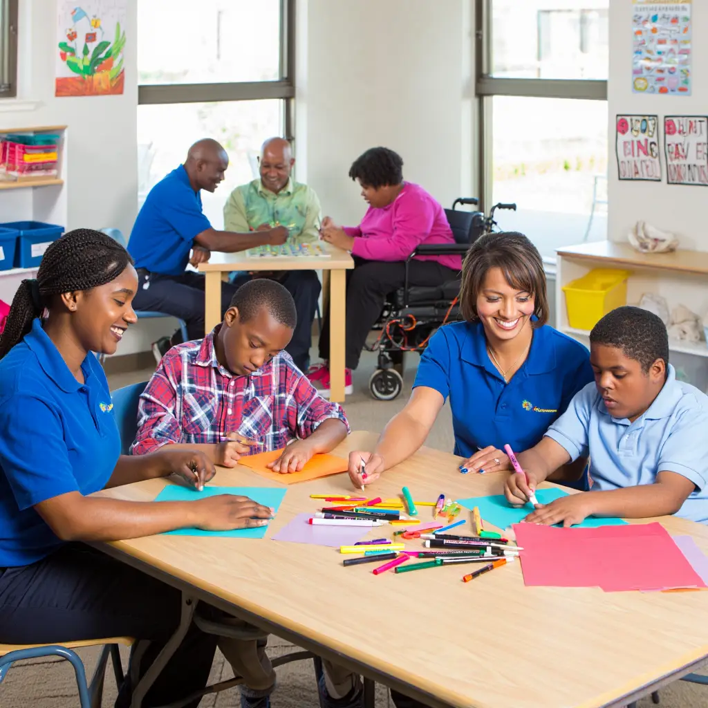 Support workers and children engage in creative activities, promoting community participation in NDIS disability support services.