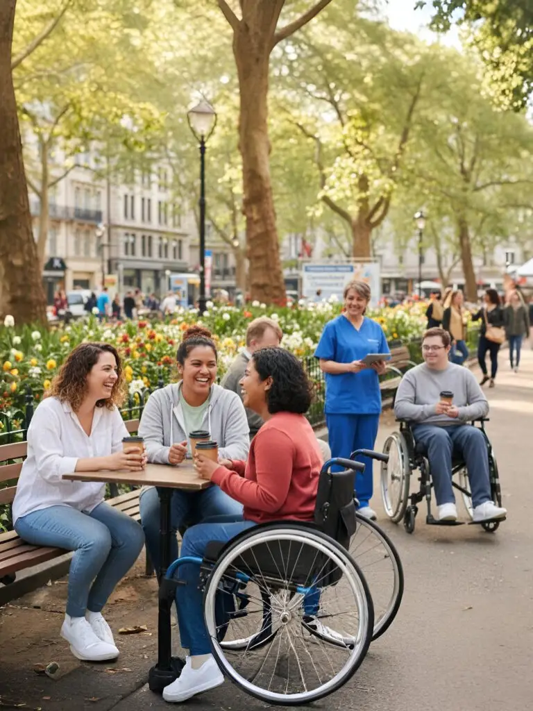 Group enjoying community participation in Perth, featuring NDIS disability support services and accessible housing options.