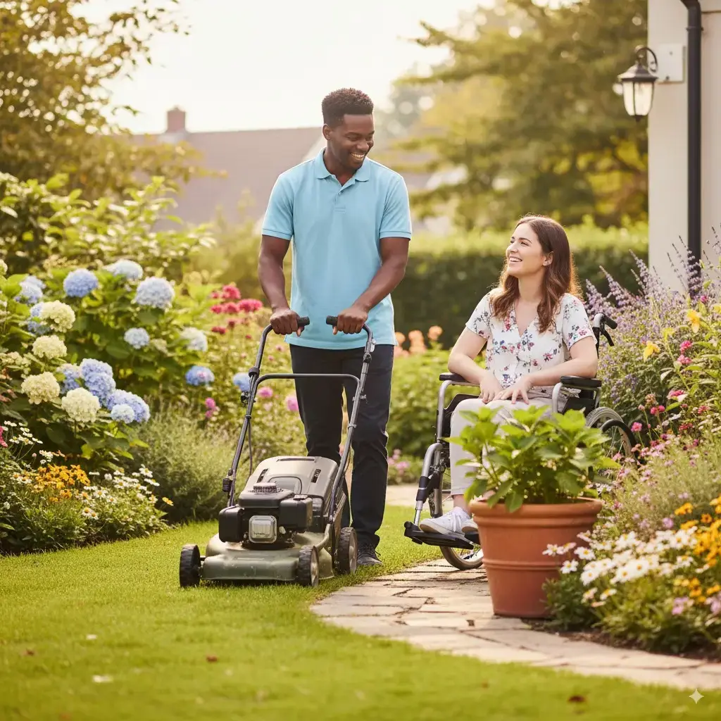 Support worker assisting a woman in a wheelchair in a garden, highlighting community participation in NDIS disability support services.