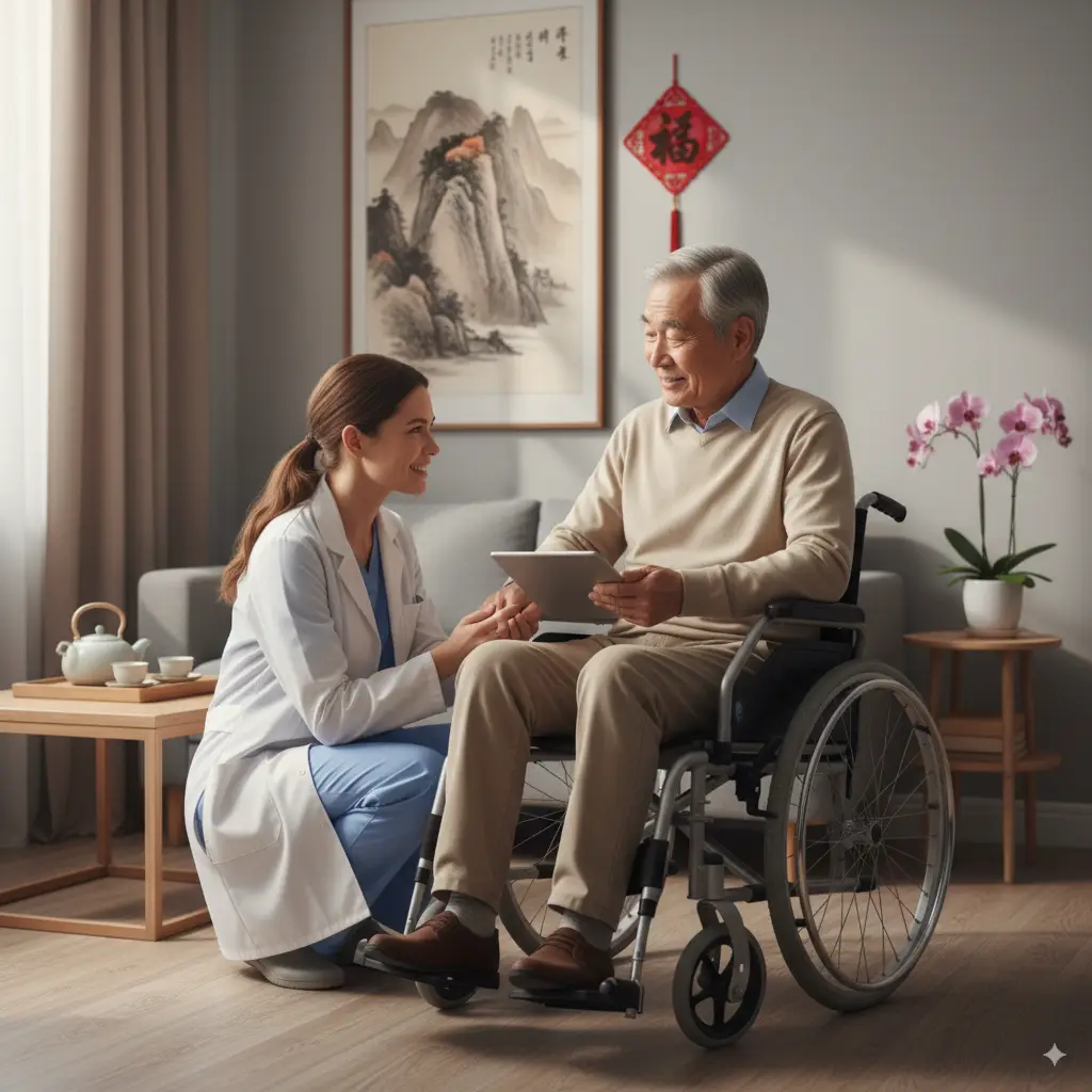 Caregiver assisting a senior in a wheelchair, highlighting NDIS disability support services and community participation in Perth.