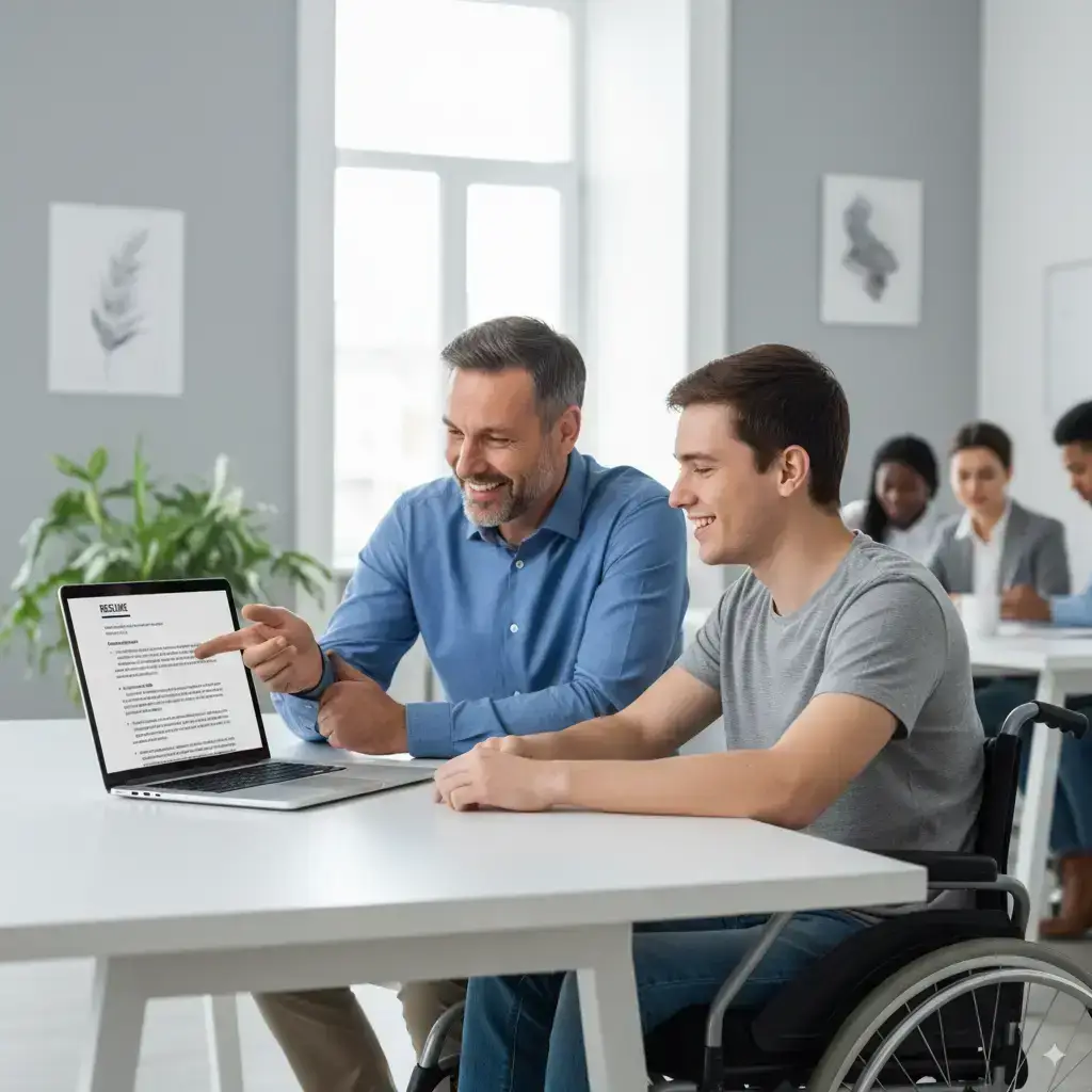 Support worker assisting a participant in a wheelchair with NDIS services, promoting community participation and independence.