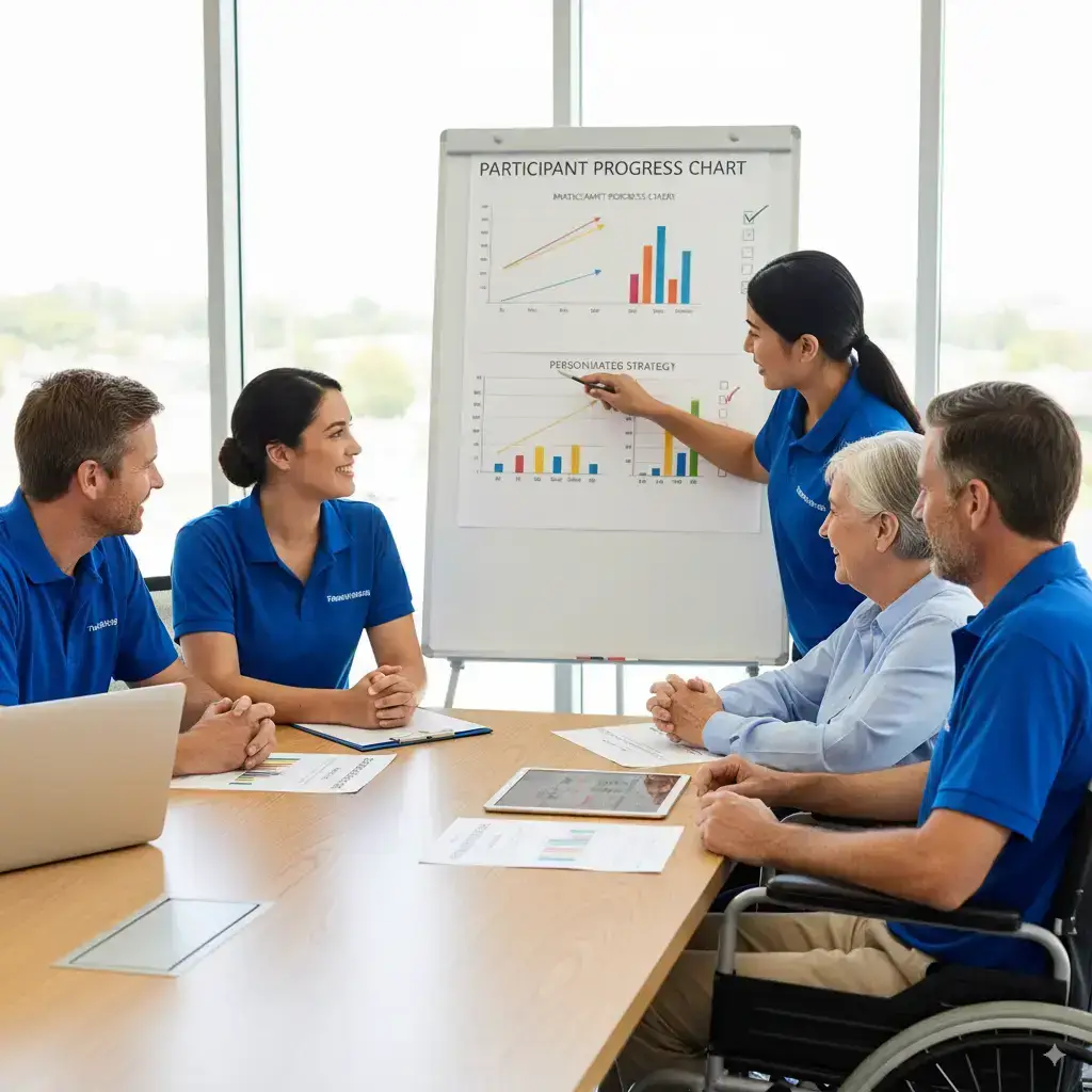 Team discussing NDIS disability support services, focusing on SIL and community participation strategies in Perth.