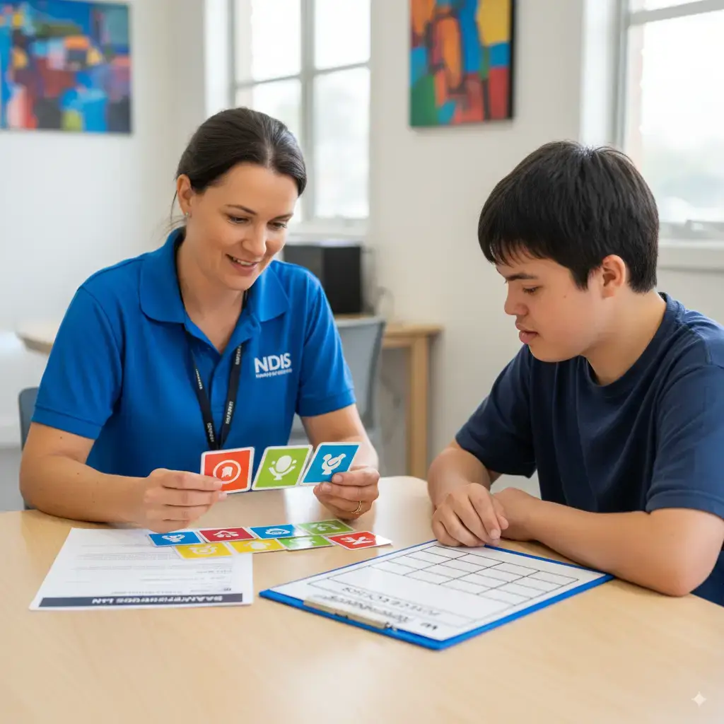 Support worker engages with a child using NDIS resources, promoting community participation and independent living skills.