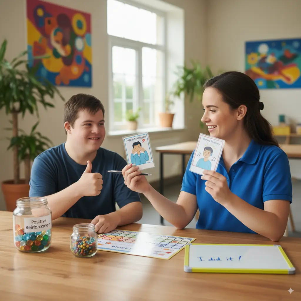 Support worker engaging with a participant in NDIS disability support services, promoting community participation and independence.