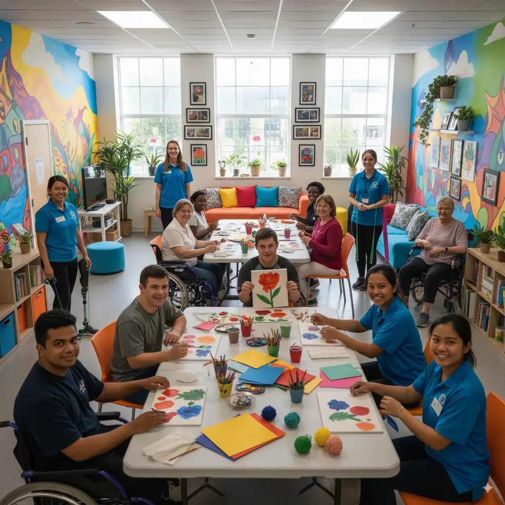 Group of individuals engaged in creative activities at an NDIS disability support service in Perth, promoting community participation.
