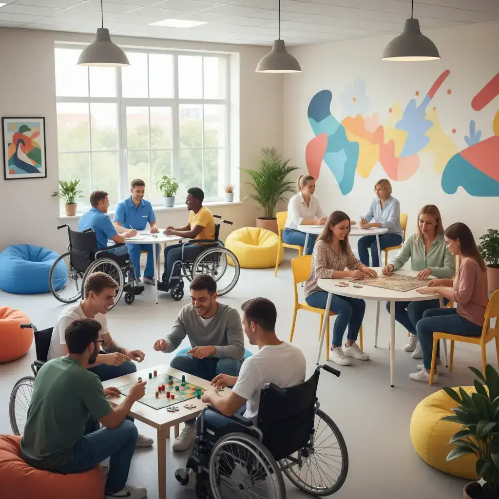 Group of individuals engaging in activities in an NDIS-supported living space, showcasing community participation and accessibility.