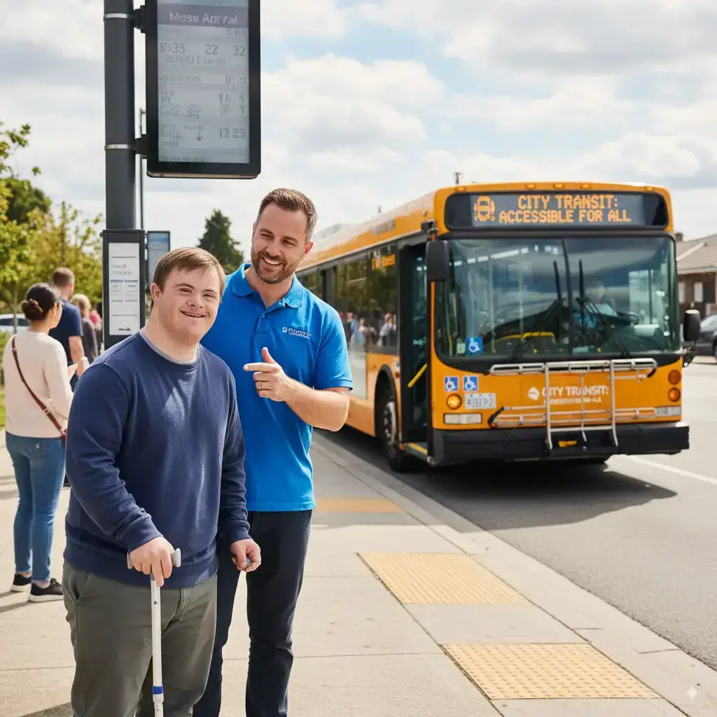 Two individuals at a bus stop in Perth, promoting community participation in NDIS disability support services.