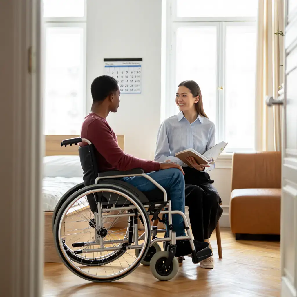 Support worker discusses NDIS accommodation options with a wheelchair user in a comfortable living space in Perth.