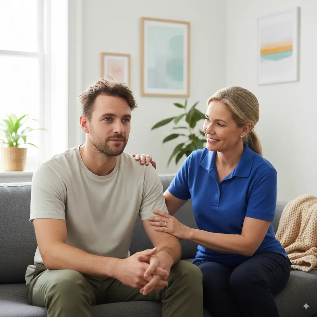 Support worker assisting a participant in NDIS disability support services in Perth, focusing on community participation and SIL.