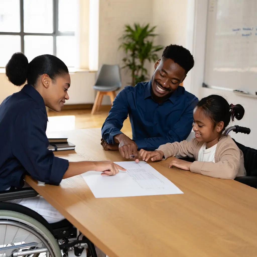 Family discussing NDIS disability support services and SIL options at a table, promoting community participation and accessible housing.
