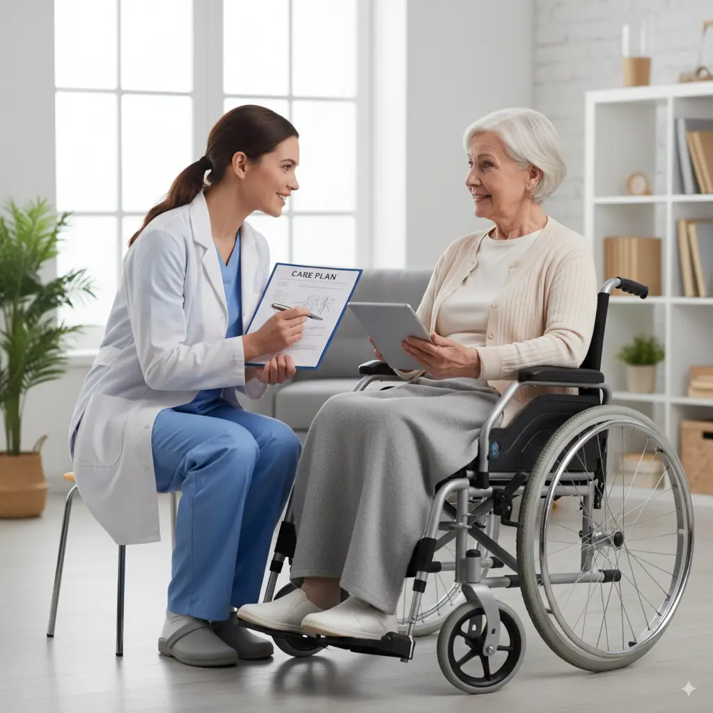 Healthcare professional discussing NDIS disability support services with a senior in a wheelchair, emphasizing community participation.