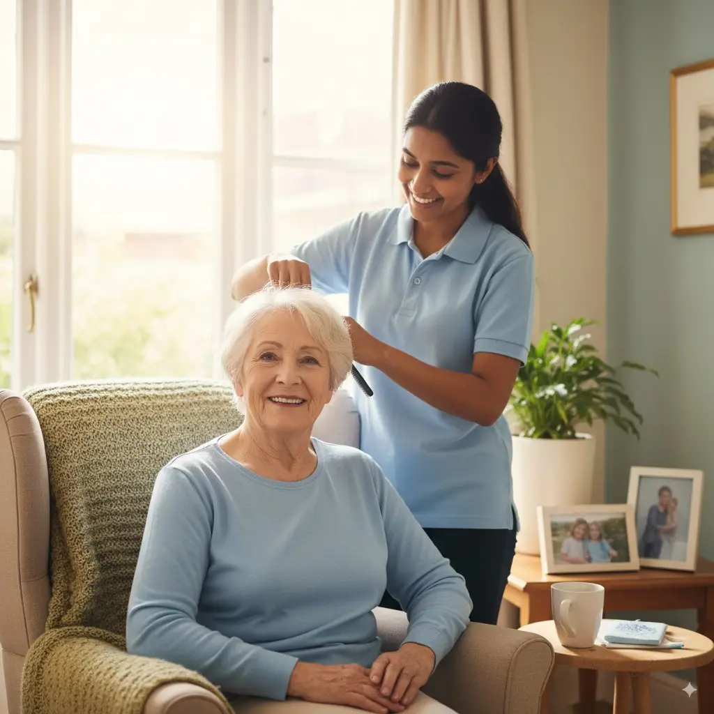Support worker assisting an elderly woman in a comfortable home, highlighting NDIS disability support services in Perth.
