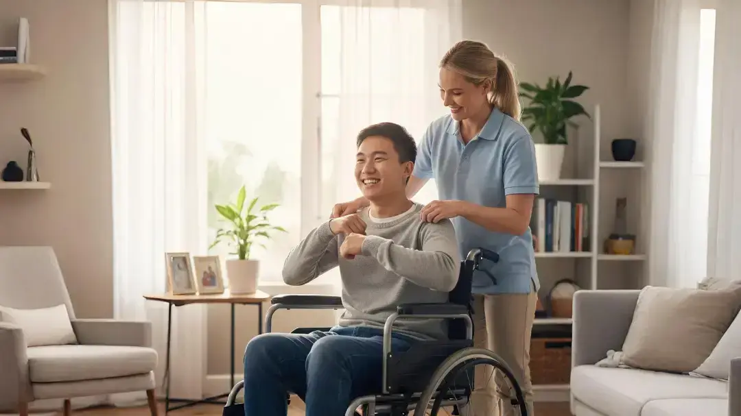 Support worker assisting a client in a wheelchair, highlighting NDIS disability support services in Perth.