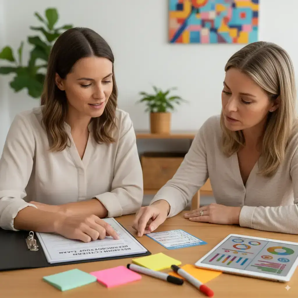 Two women discussing NDIS disability support services and accommodation options at a table with documents and notes.
