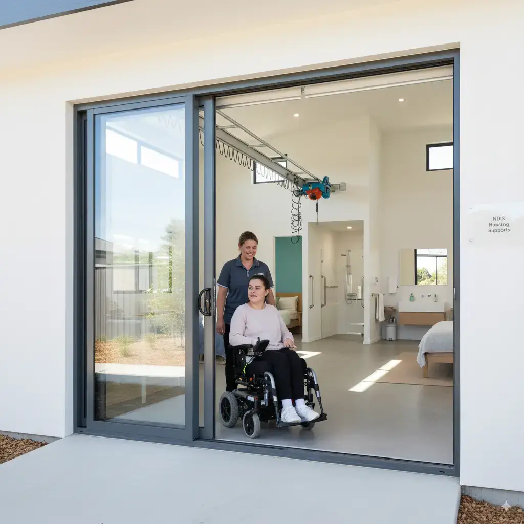 Person in a wheelchair with support worker at accessible housing for NDIS accommodation in Perth, promoting community participation.