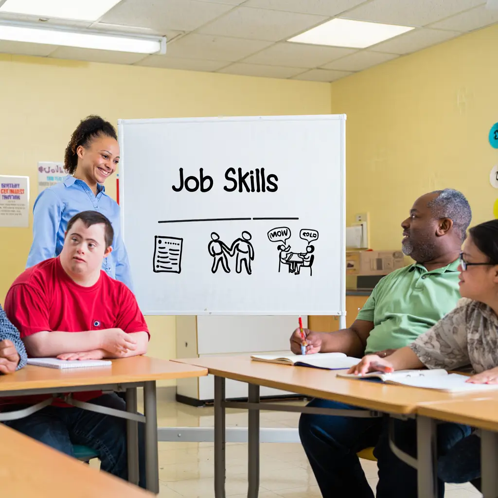 Group session on job skills for NDIS participants, promoting community participation and supported independent living in Perth.