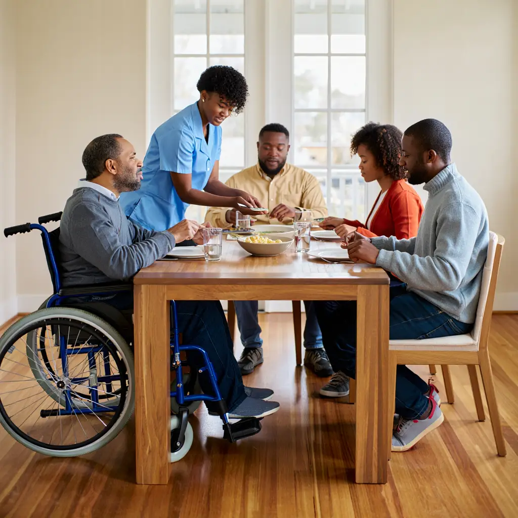 Group of individuals enjoying a meal together, highlighting community participation in NDIS disability support services in Perth.