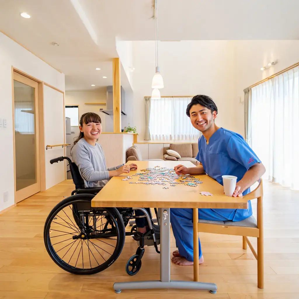 Two individuals at a table in an accessible housing setting, discussing NDIS disability support services in Perth.
