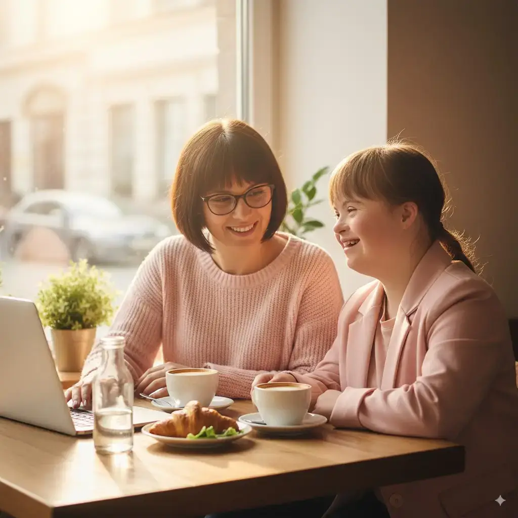 Two women engaging in a supportive conversation over coffee, highlighting community participation in NDIS disability support services.