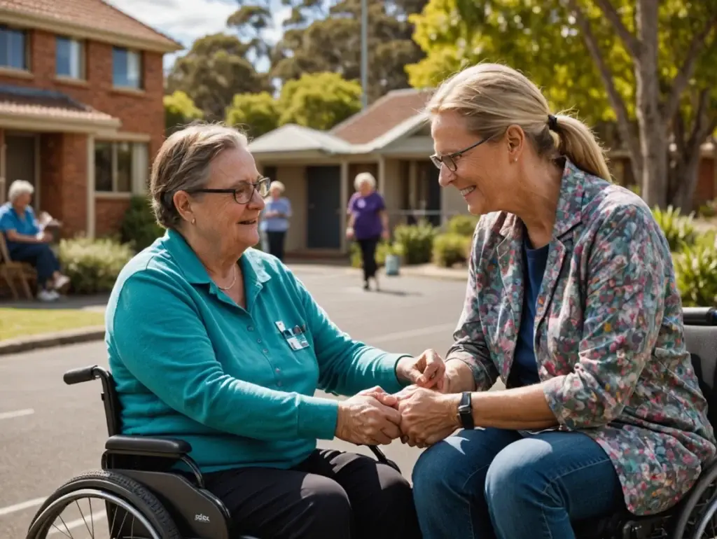 Support worker assisting a woman in a wheelchair, highlighting NDIS disability support services and community participation in Perth.