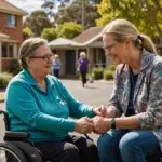 Support worker assisting a woman in a wheelchair, highlighting NDIS disability support services and community participation in Perth.
