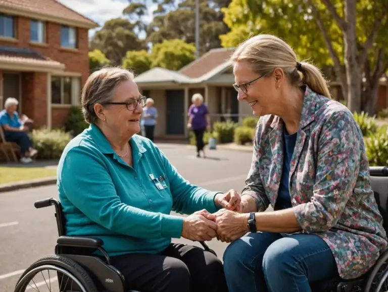 Support worker assisting a woman in a wheelchair, highlighting NDIS disability support services and community participation in Perth.