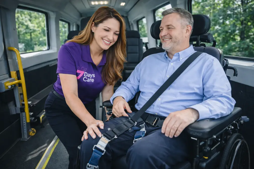 Support worker assisting a man in a wheelchair with secure transport, highlighting NDIS disability support services in Perth.