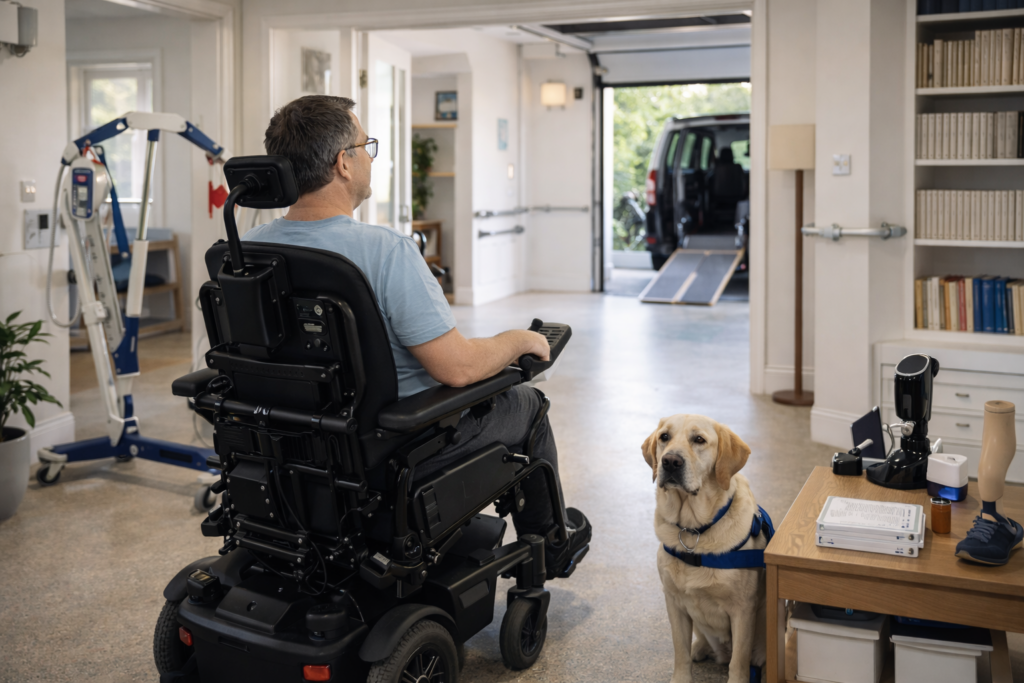 Man in a power wheelchair with a guide dog in an accessible home, showcasing NDIS disability support services in Perth.