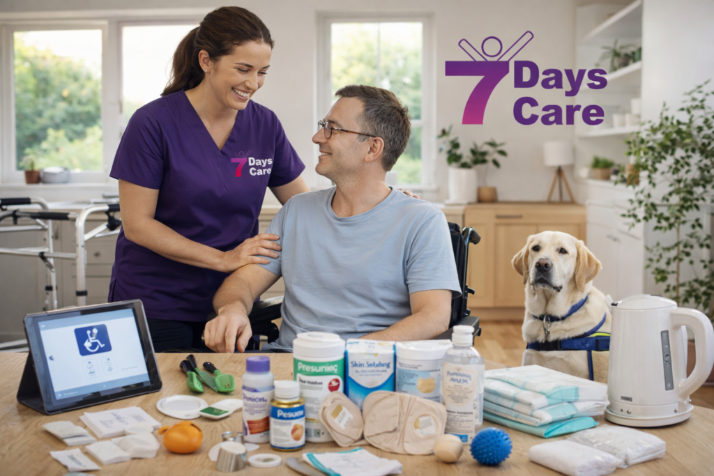 Caregiver assisting a person in a wheelchair, showcasing NDIS disability support services and accessible housing solutions.