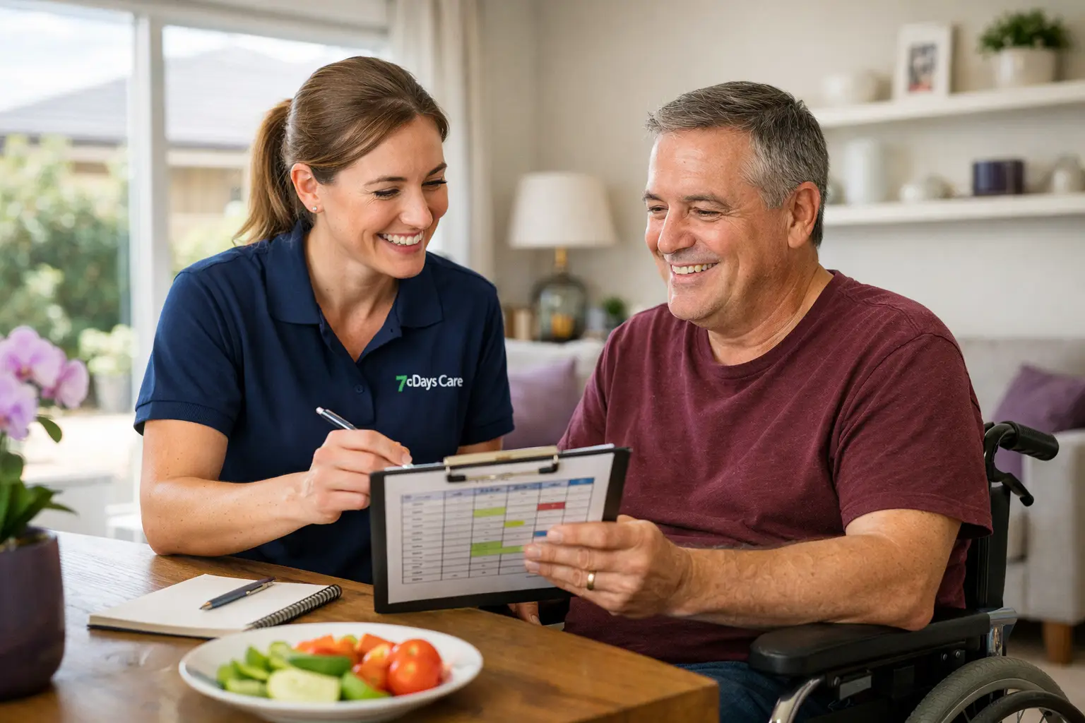 Support worker assisting a participant with NDIS disability services, discussing accommodation and community participation options.