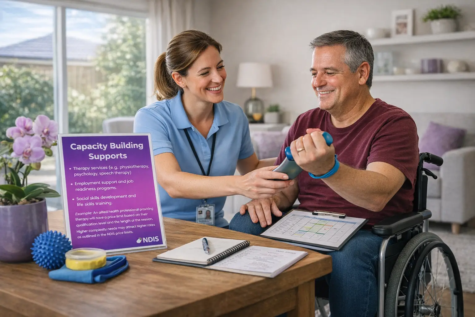 Support worker assisting a man in a wheelchair with therapy exercises, highlighting NDIS disability support services in Perth.