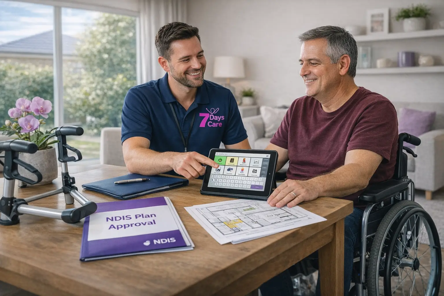 NDIS support worker assisting a participant with accommodation planning and community participation in Perth.