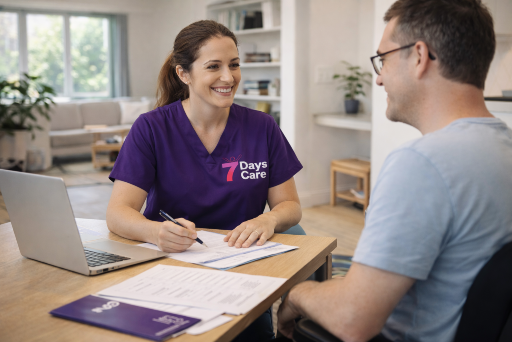 Support worker discussing NDIS accommodation options with a client, focusing on disability support services in Perth.