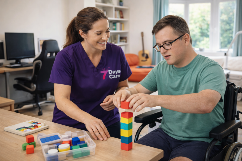Support worker assisting a participant with building blocks, highlighting NDIS disability support services in Perth.