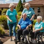 Support workers assist seniors in wheelchairs at an NDIS accommodation facility in Perth, promoting community participation.