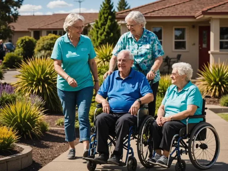 Support workers assist seniors in wheelchairs at an NDIS accommodation facility in Perth, promoting community participation.
